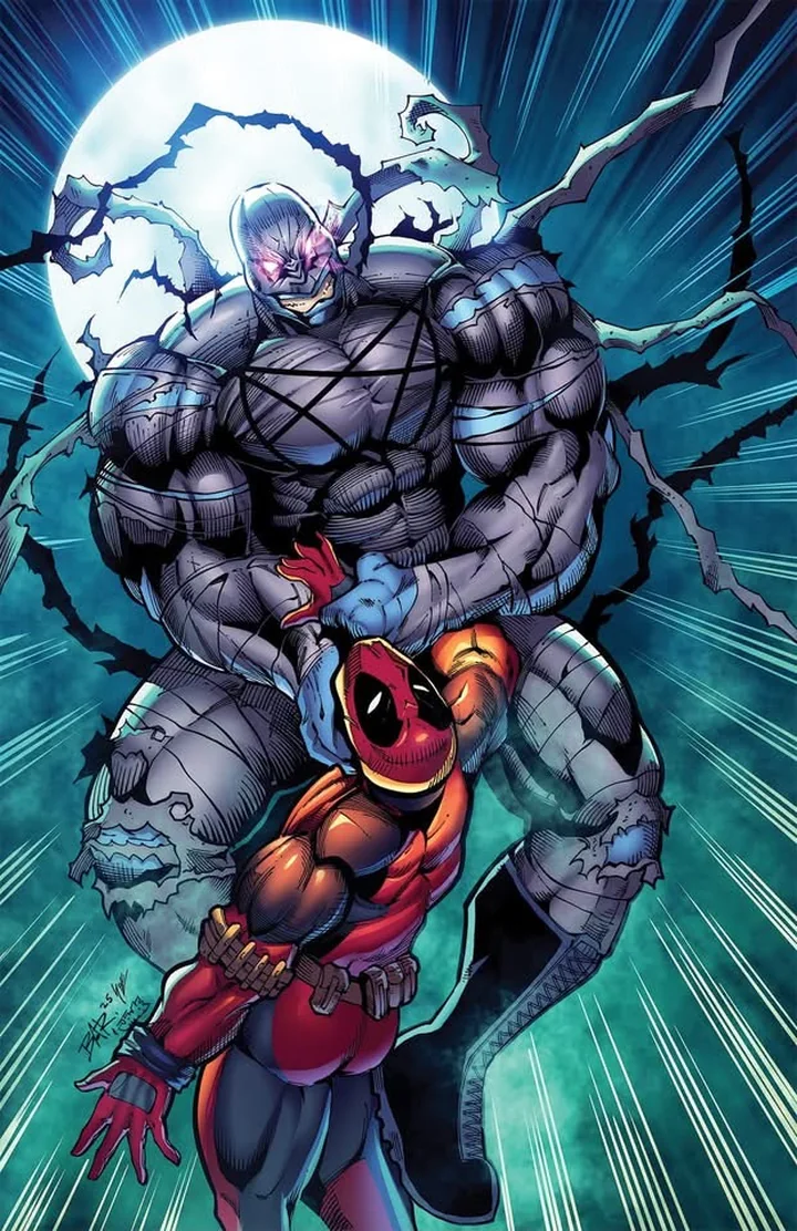 Brian's finished full-color version: a hulking villain looming over a red-suited hero beneath a full moon