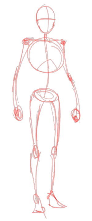 Step 1: a loose construction mannequin in red pencil