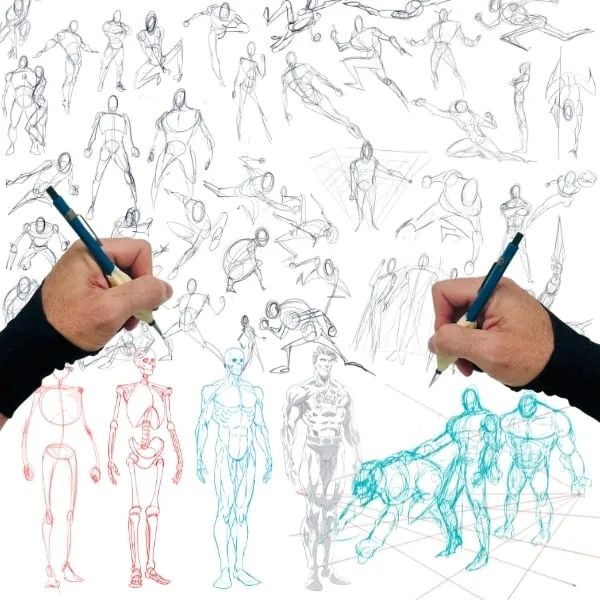Two hands drawing gesture figures from mannequin to muscle